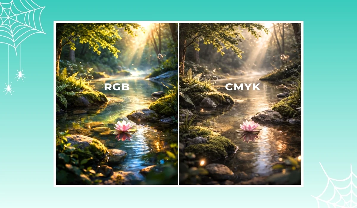 What’s The Difference Between CMYK & RGB? 3 Side-by-side comparison showing RGB vs CMYK colour modes using a woodland stream scene, with vibrant colours on the RGB side and softer muted colours on the CMYK print version.