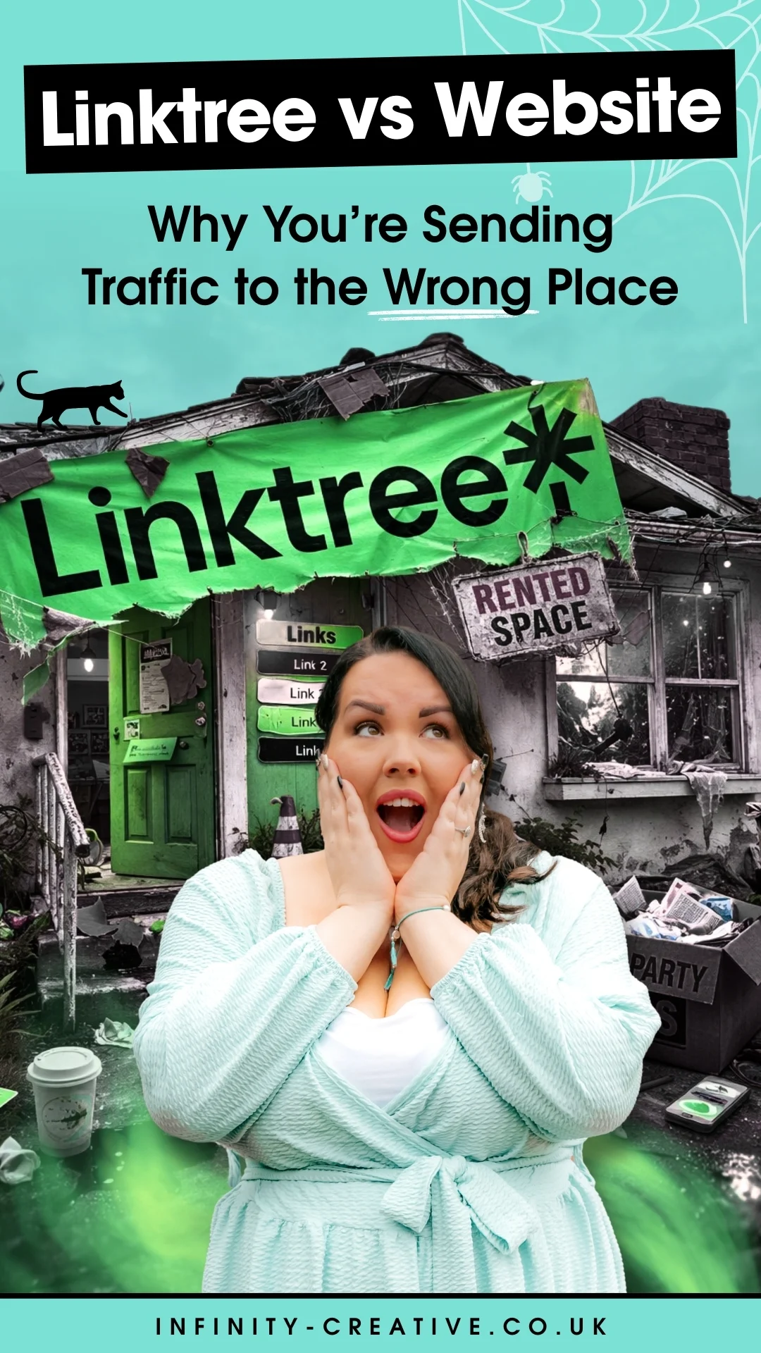 Linktree vs website concept image showing a shocked woman outside a “rented” house with Linktree branding, representing lost website traffic and poor SEO strategy.