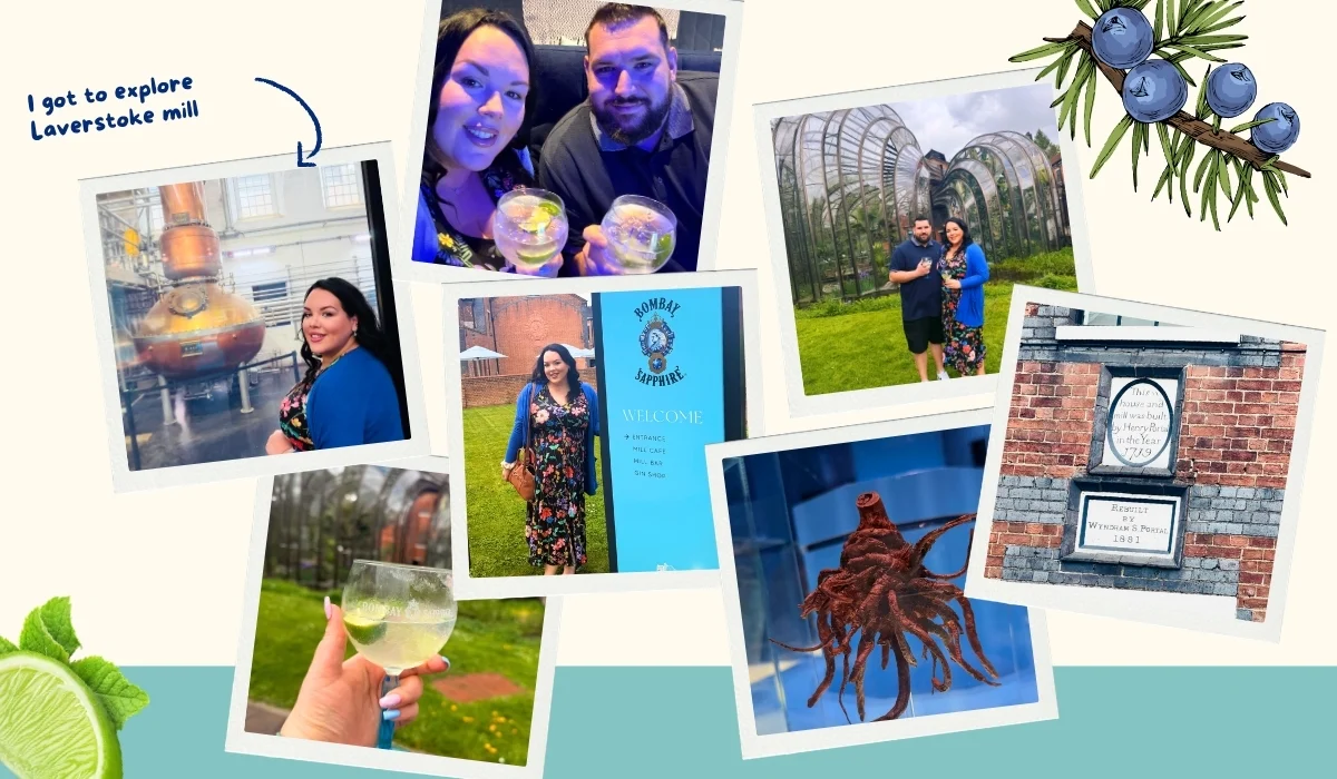 What Bombay Sapphire Gin Can Teach You About Building an Iconic Brand 3 Scrapbook-style collage graphic featuring personal photos from a visit to the Bombay Sapphire Distillery at Laverstoke Mill. The layout includes polaroid-style snapshots of a couple enjoying Bombay Sapphire gin cocktails, exploring the iconic glasshouse botanical structures, posing beside Bombay Sapphire signage, and touring the distillery grounds. Additional images show a close-up gin glass, a historic brick plaque, and botanical-inspired display elements. Handwritten blue notes and botanical illustrations add a fun, personal storytelling feel, while the cream and teal colour palette keeps the design cohesive with the Bombay Sapphire brand aesthetic.