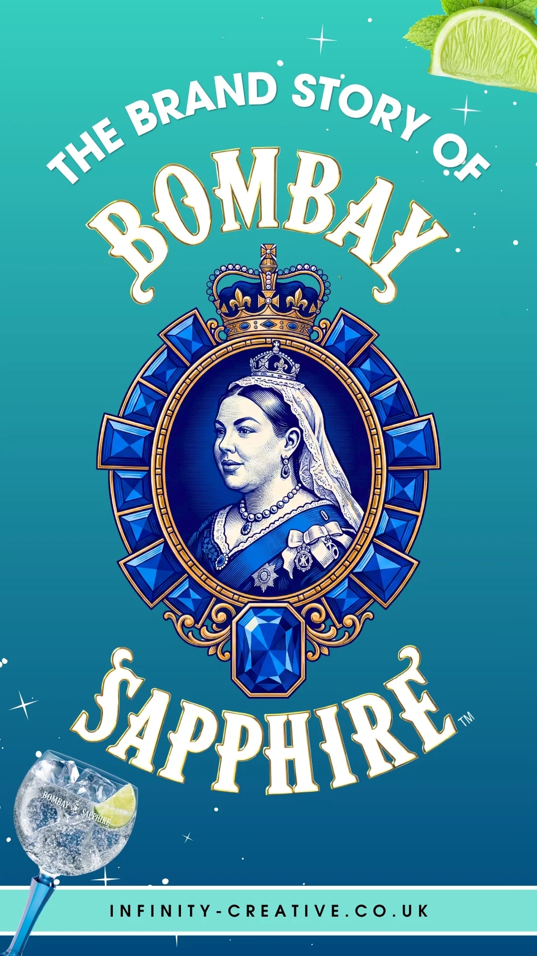 Graphic titled “The Brand Story of Bombay Sapphire” featuring the iconic Bombay Sapphire logo with a detailed blue and gold portrait emblem of Queen Victoria at the centre. The background fades from turquoise to deep sapphire blue with sparkly celestial stars, lime slices, and a Bombay Sapphire gin glass filled with ice and lime. Curved vintage-style typography frames the design, with infinity-creative.co.uk displayed at the bottom. The overall aesthetic feels bold, luxurious, magical, and premium with a modern retro twist.