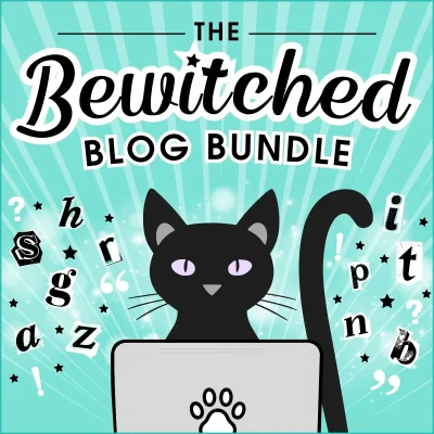 Illustration for The Bewitched Blog Bundle showing a black cat sat at a laptop, viewed from behind the screen so the cat appears to be typing a blog post. A paw print decorates the back of the laptop lid. Cut-out ransom-style letters and stars scatter around the cat against a teal starburst background, with the title "The Bewitched Blog Bundle" above.